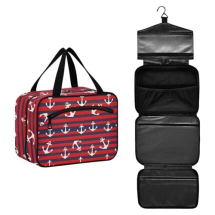 Joko Ivery Red Black Stripes Iron Products Travel Toiletry Bag with Hanging Hook Large Makeup Cosmetic Case for Women Men Toiletries Kit with 4 Compartments for Full-Sized Shampoo Travel Accessories