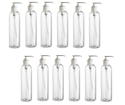 Natural Farms 12 Pack – 8 oz -Clear Cosmo Plastic Bottles – White Pump – for Essential Oils, Perfumes, Cleaning Products