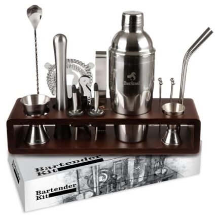 BarStash Cocktail Shaker Set Bartender Kit with Stand, Professional Bartending Kit, House Warming Gifts for New Home – Cocktail Mixer Set, Bar Tool Set – Cocktail Kit Bar Accessories for Home Bar Set