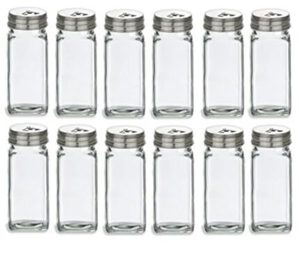 Nakpunar 12 pcs 4 oz French Square Glass Spice Jars with Stainless Steel Caps – Shaker Fitmens and Caps (12, 4 oz Stainless Steel)