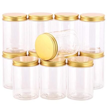 Tecbeauty 12-Pack 300ml Empty Large Refillable Clear Plastic Jars with Lids for Beauty Products, Round Containers for Slime, Cream, Multi Use, Gold