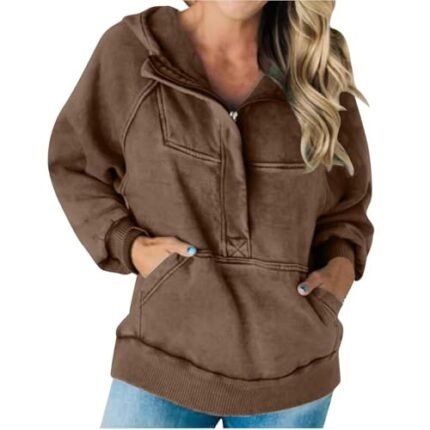 ABOUTBLUE Gifts for Moms Women’s Half Zip Hoodies Raglan Sleeves Loose Fit Hooded Sweatshirts Fashion Solid Basic Pullover Tops with Pockets Brown