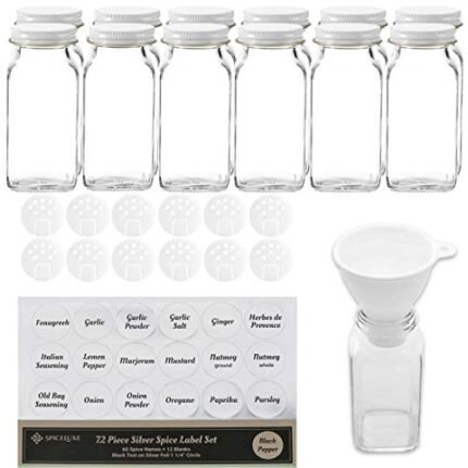 Deluxe Large Spice Jar Set -12 Square Glass 6 oz Spice Bottles, 72 Premium Labels, 12 Shaker Tops, Quality White Steel Caps and No Clog Wide Spice Funnel by SpiceLuxe