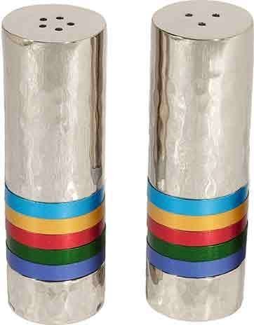 Yair Emanuel Hammered Nickel Salt and Pepper Shaker Set- Multicolor Rings (SAB-1)