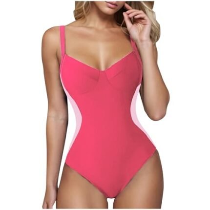 Gift Under 20 Dollars One Piece Swimsuit Women Tummy Control Slimming Bathing Suit Retro Modest Swim Suits Colorblock Lace up Back Swimwear Bathing Suit for Women Tummy Control