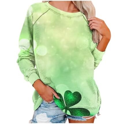 St Patricks Day Shirt Women Round Neck 3/4 Sleeve Pleated Green Print Lucky Irish Saint Pattys Day Tops Blouse 2025