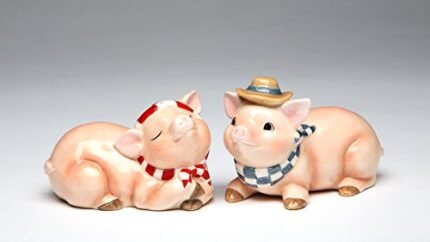 Fine Ceramic Hand Painted 2″H Pig Couple Wearing Checker Bandana Salt and Pepper Shakers Set