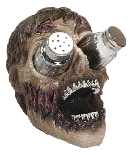 Ebros Walking Undead Gory Eyeless Zombie Head Salt And Pepper Shakers Holder Figurine Set With Glass Shakers 5.5″H Scary Decor Statue