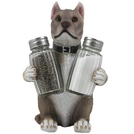 Decorative Pit Bull Glass Salt and Pepper Shaker Set with Holder Figurine in Dog Statues & Sculptures and Pitbull Kitchen Table Decor Gifts for Pet Lovers