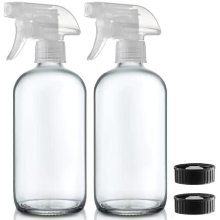 Clear Cobalt Glass Spray Bottles, 16-Ounce (2-Pack) Refillable Glass Sprayer Container with Durable Leakproof Trigger Sprayer Mist/Stream/Lock for Cleaning Products, Essential Oils, Aromatherapy,