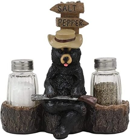 Ebros Gift Rustic Western Black Papa Bear With Shotgun Sitting On Crossroad Tree Log Bench Salt And Pepper Shakers Holder Figurine 6.5″High