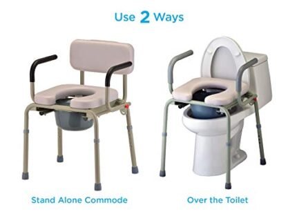 NOVA Medical Products Drop Arm Commode with Padded Seat and Back, Drop Down Arms for Easy Transfer, Stand Alone Bed Side Commode and Over The Toilet Commode, Comes with Bucket, Lid and Slash Guard Gray 1 Count