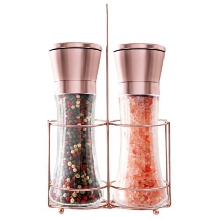 bonris Copper Stainless Steel Salt and Pepper Grinder Set Manual Himalayan Pink Salt Mill|Salt and Pepper Shakers with Adjustable Coarseness and Clear Glass Body (Pack of 2)