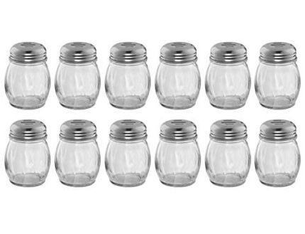 (Set of 12) 6-Ounce Glass Cheese Shaker with Slotted Top, Swirl Glass Cheese Shaker with Stainless Steel Slotted Lid, Restaurant Cheese and Sugar Shakers by Tezzorio