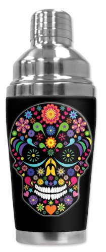 Mugzie brand 20 Ounce Cocktail Shaker with Insulated Wetsuit Cover – Multi Color Sugar Skull