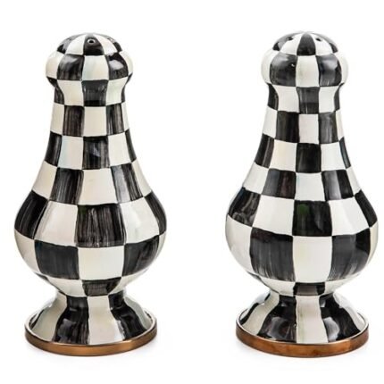 MACKENZIE-CHILDS Enamel Salt and Pepper Shakers, Kitchen Table Spice Shaker Set, Black-and-White Courtly Check, Large