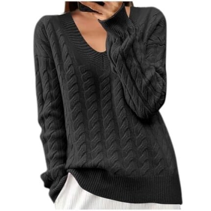 Women’s Cable Knit Sweater V Neck Long Sleeve Soft Pullover Solid Casual Lightweight Jumper Tops Knitwear Shirts Clearance Items Under 5 Dollars Birthday Gifts for Wome Black