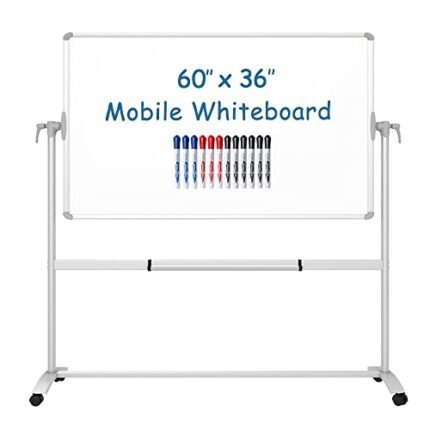 VIZ-PRO Double-Sided Magnetic Mobile Whiteboard, 60 x 36 Inches, Steel Stand, with 12-Count Markers