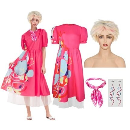 ZOKJFDK Weird Doll Costume Dress 4PCS Pink Doll Costume Adult Women with Wig Scarf and Pattern stickers for Halloween Cosplay (Medium)