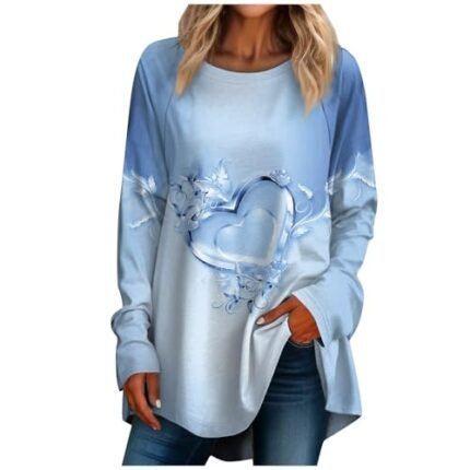 For Valentines Day Gifts College Shirt for Womens Winter Plus Size Long Sleeve Trending Crewneck Cotton Peplum Animal Soft Bodycon Pullover Ladies Light Blue