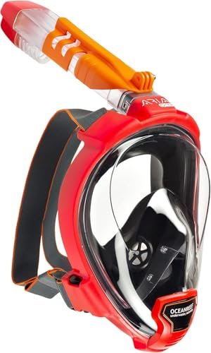 OCEAN REEF – Aria QR+ Quick Release Full Face Snorkel Mask with Snorkel – 180 Degree Underwater View and Quick Release System (L/XL, Red).