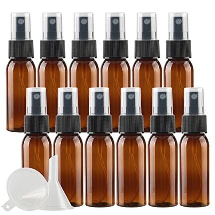 DLIBUY 50 Pcs Empty 30ml 1oz Brown Plastic PET Fine Mist Pump Spray Bottles with Black Sprayer for Cosmetic Perfume Water-Based Products Refillable Travel Portable Containers, 2x Funnels