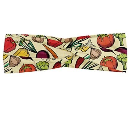 Ambesonne Vegetables Headband for Women, Farm Products Carrots Garlic Mushroom Tomato Broccoli Pepper Illustration, Elastic Comfy Hair Accessory Knotted Head Wrap Everyday Use, XS-S, Multicolor Black