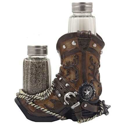 Fancy Cowboy Boot Salt and Pepper Shaker Set or Decorative Display Stand Figurine with Spur & Texas Star for Country Western Kitchen Decor and Table Centerpiece Decorations As Gifts for Cowboys