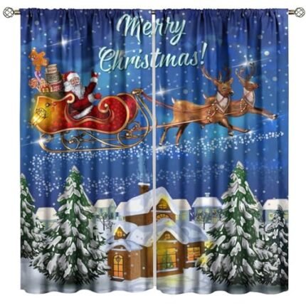 FAOTELY Christmas Curtain Santa Claus Riding Sleigh Reindeer Pattern Blue Background New Year Blackout Window Drapes for Bedroom Living Room Kitchen Cafe Decor （W27.5xL63 Inch） x2 Panels