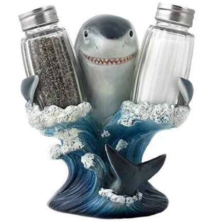 Decorative Great White Shark Glass Salt and Pepper Shaker Set with Holder Figurine for Beach Bar or Tropical Kitchen Decor Sculptures & Table Decorations by Home ‘n Gifts