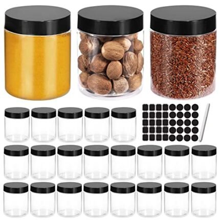 STARSIDE 24 Pack 250ml 8 oz Empty Clear Plastic Jars with Black Lids, Refillable Round Containers for Slime,Beauty Products, powder, Cream, Scrubs, Cookie,Dried Fruit. Include 1 Pen and 80 Labels.