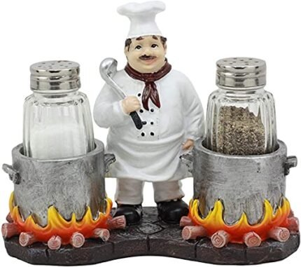 Ebros Bouillon French Chef Jean With Flaming Double Cauldron Pots Salt And Pepper Shakers Holder Figurine For Kitchen Dining Table Hosting Spice Rack Accessories Gift Ideas For Women Men Chefs Cooks