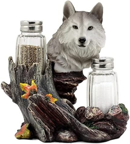 Ebros Gift Full Moon Lone Alpha Gray Wolf Glass Salt & Pepper Shakers Holder Figurine Decor 6.5″H Rustic Wildlife Woodlands Wolves Timberwolves Mystical Animal Spirit Decor