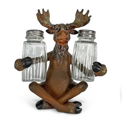 Rivers Edge Products Salt and Pepper Shakers Set, Unique Poly Resin and Glass Spice Dispenser, Novelty Kitchen Counter Decor, Bull Moose