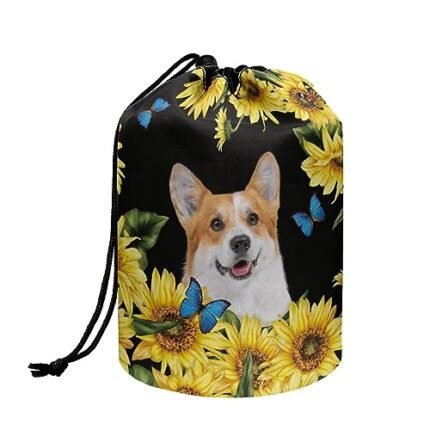 Psaytomey Drawstring Cosmetic Bucket Bag Cute Sunflower Corgi Large Capacity Toiletries Organizer Case Waterproof Makeup Brush Bags for Storage Cosmetics Skin-Care Products