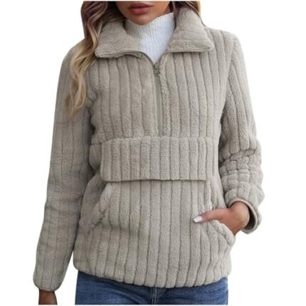 uojfnhb Trending Tiktok Items, Fleece Jackets for Women Fashion Long Sleeve Lapel Half Zip Faux Fur Sweatshirt Comfy Pullover Tops with Pockets