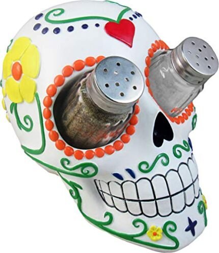 DWK 7-inch Sugar ‘N’ Spice Hand Painted Day of the Dead Dia de Los Muertos Sugar Skull Salt and Pepper Shaker Kitchen Dining Set