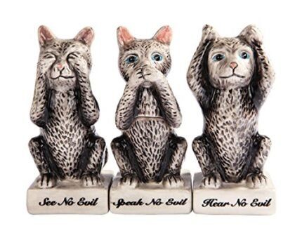 Attractives! Trio Cats See Hear Speak no Evil Salt Pepper Shakers and Toothpick Holder