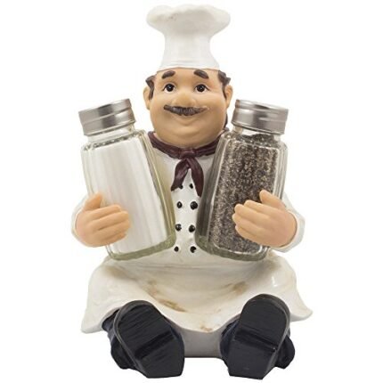 Sitting French Chef Pierre Glass Salt and Pepper Shaker Set with Decorative Display Stand Table Centerpiece Figurine for Country Cottage Decor Spice Racks & Gourmet Kitchen Decorations As Collectible