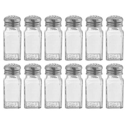 (Set of 12) Salt and Pepper Shakers, 2 oz., Square Glass Salt and Pepper Shaker with Stainless Steel Mushroom Top