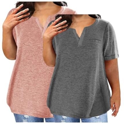 MRGIINRI gifts for women under 25 dollars, Plus Size Tops for Women 2025 Summer Cotton Casual Shirts Short Sleeve Notch V Neck Blouses Oversized Loose Tees 2PC, Gifts for Women Under 25 Dollars