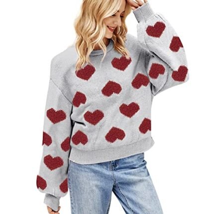 Women’s Preppy Valentines Gifts for Her Crew Neck Pullover Crewneck Blouse Dressy Knit Winter Plus Size Fleece Tops Valentine’s Day Love Heart Print Soft Kawaii Long Sleeve Patterned Work Grey