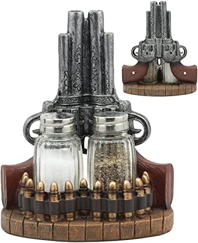 Ebros Rustic Western Wild Wild West Revolver Six Shooter Pistol With Bullet Rounds Decorative Salt And Pepper Shakers Set Figurine Holder With Glass Shakers Cowboy Cowgirl Kitchen Bar Dining Accent