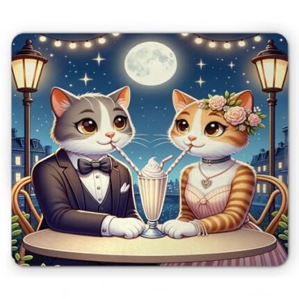 Ambesonne Cat Mouse Pad, Romantic Date Night of Kitties Drinking Milkshake Cozy Night Scene Valentines, Rectangle Non-Slip Rubber Mousepad, Standard Size, Dark Blue Apricot