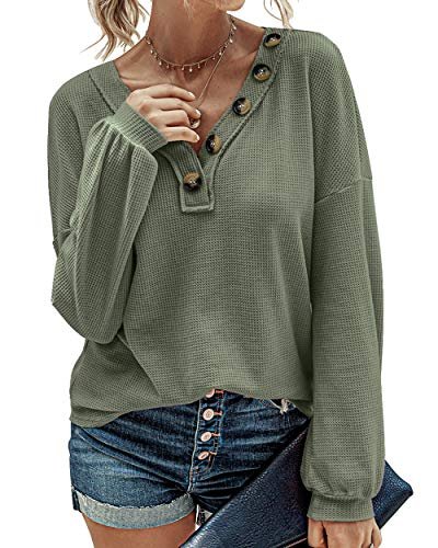 BTFBM Women Long Sleeve Shirts 2024 Fall Fashion V Neck Loose Casual Blouse Deco Button Lightweight Waffle Knit Pullover(Army Green, Medium)