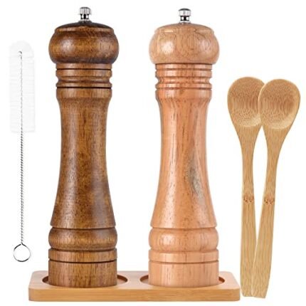 SZUAH Salt and Pepper Grinders, Oak Wooden Salt and Pepper Mills Shakers with Cleaning Brush & Wood Stand, Ceramic Rotor with Strong Adjustable Coarseness[Set of 2]