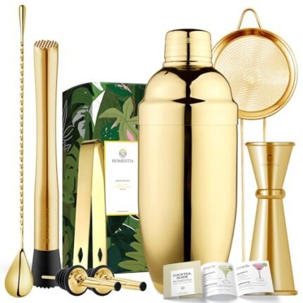 Homestia Gold Cocktail Shaker Set, 8 PCS Bartender Kit with All Essential Accessory Tools, 24oz Martini Shaker, Bar Jigger, Mixer Spoon, Fine Mesh Strainer, Muddler, Ice Tong and Bottle Pourers