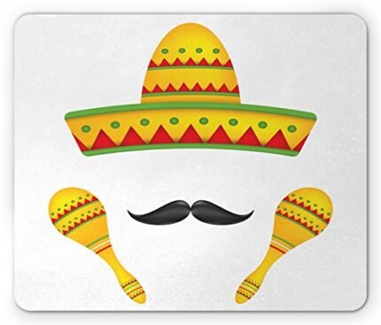 Ambesonne Mexican Mouse Pad, Famous Centerpiece of Mexico Sombrero Moustache Rumba Shaker Mesoamerican Print, Rectangle Non-Slip Rubber Mousepad, Standard Size, Yellow