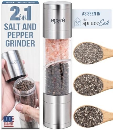 Eparé 2 in 1 Salt and Pepper Grinder Combo – Dual Salt and Pepper Grinder All in One – Stainless Steel Manual Salt & Pepper Mill – Refillable Himalayan Salt Grinder – Salt and Pepper Grinder 2 in 1