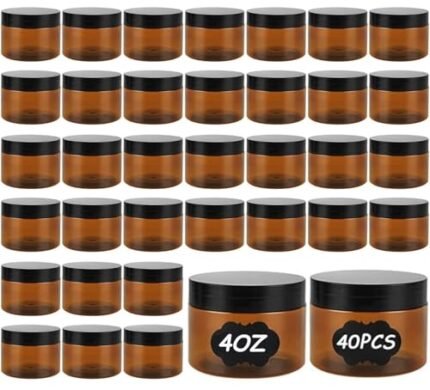 GBACHOOSE 40PCS Amber Plastic Container Jars with Lids and Labels, 4oz Empty Small Round Brown Cosmetic Containers, Leak Proof Container for Lotion, Cream, Powder, Gel and Beauty Products